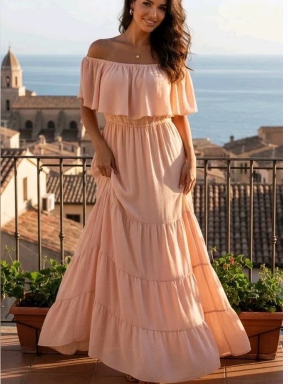 Venus Dress Women's 2 Peachy Pink Off Shoulder Ruffle Tiered Maxi Chiffon Lined